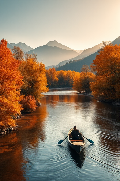 landscape painting of a serene river scene during autumn with vibrant orange and yellow foliage, a small boat with a person rowing, mountains in the background, soft sunlight casting gentle reflections on the water, shot with a Canon EOS R5, 50mm lens, aperture f/2.8, ISO 100, natural light, high dynamic range