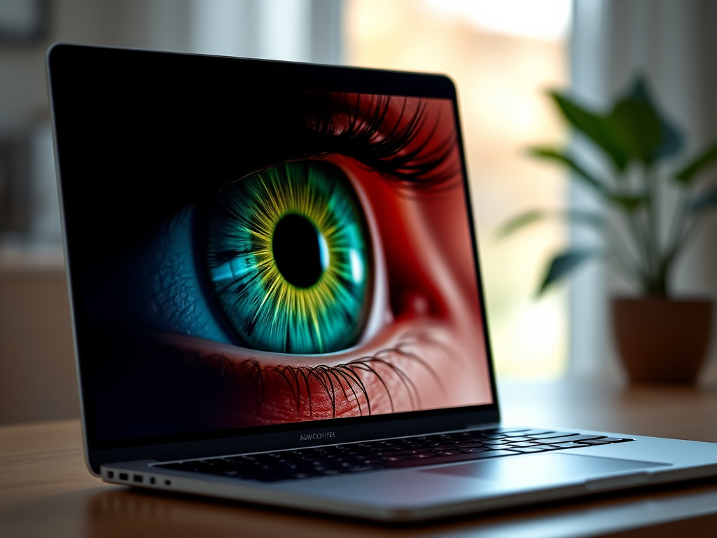 Create a high-resolution digital illustration of a laptop with a close-up of an eye on the screen, showcasing vibrant green iris detail, using a Canon EOS R5 camera with a 50mm f/1.2 lens, aperture set to f/2.8, ISO 100, and a shallow depth of field for a crisp focus on the eye and a blurred background.