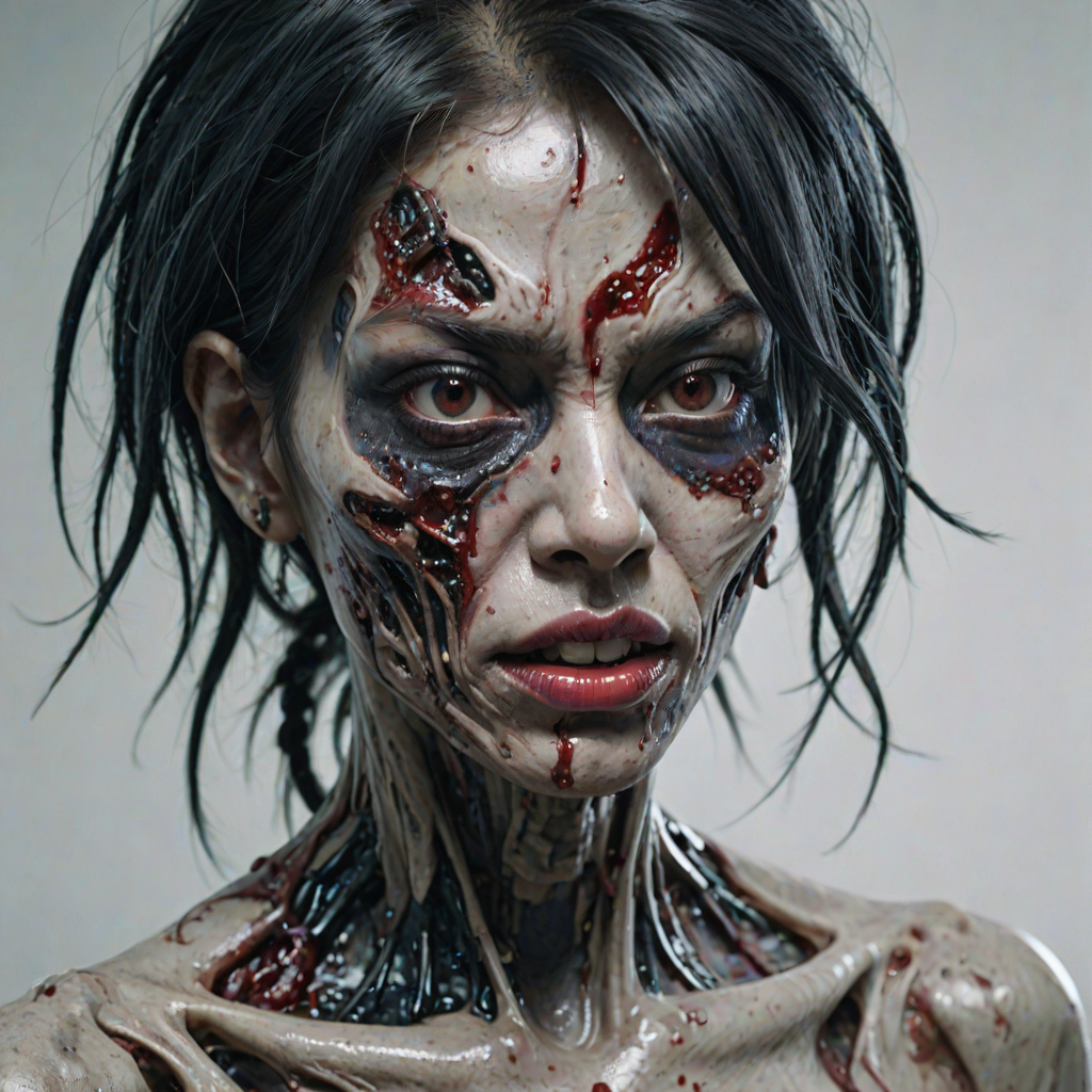 (perspective) of A creepy (ethnicity) zombie cyborg with (descriptive color) skin, (color) lipstick (color) liquid flowing from her eyes and mouth, (perspective two) portrait, (camera angle), extremely detailed, (art style) in the style of Yoshitaka Amano and Tetsuo Hara. --ar 85:128 --style raw --niji 6