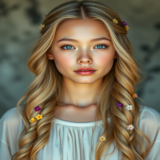 Create an image of a young Hmong woman with long, wavy blonde hair, adorned with small, colorful flowers woven into her braids and loose strands. Her complexion is fair, with soft, glowing skin, and she has light blue eyes that gaze softly at the viewer. She wears a light, flowing dress with a gentle, ethereal quality, complementing her delicate and serene appearance. The background is slightly blurred, drawing focus to her tranquil expression and the intricate details of the flowers in her hair. The overall mood of the image is one of natural beauty and grace, evoking a sense of peacefulness and connection with nature.