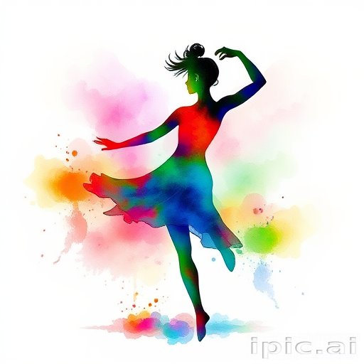 Watercolor splash silhouette of dancing figure on hip, fluid movement captured in vibrant rainbow hues bleeding into one another