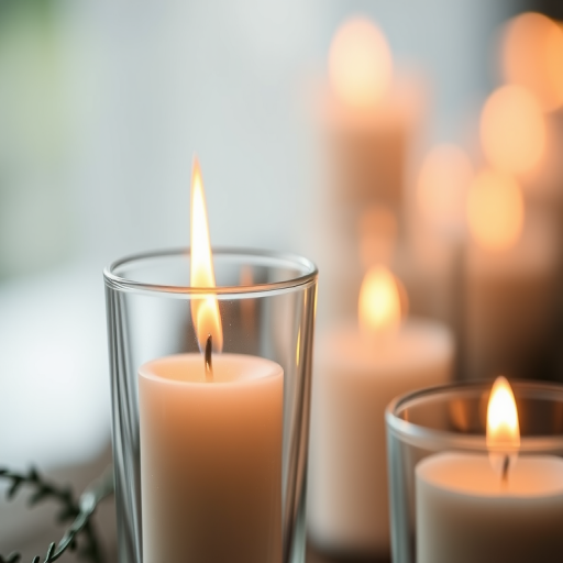 Create a close-up shot of candles with soft flickering flames in glass holders, using a 50mm lens at f/1.8, ISO 200, shutter speed 1/60, with a bokeh effect to enhance the warm glow and depth of field, captured in low light with a DSLR camera.
