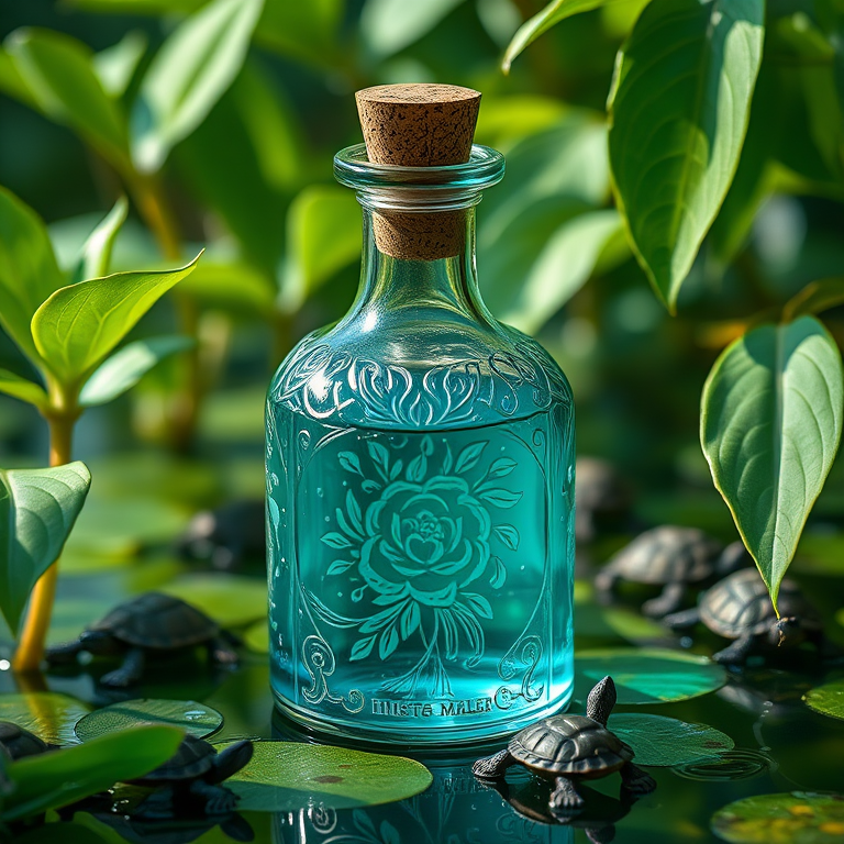 Create a highly detailed close-up image of an ornate glass bottle filled with turquoise liquid, featuring a cork stopper and intricate floral engravings, surrounded by lush green leaves and small turtles in a serene water setting, using a DSLR camera with a 50mm lens, f/1.8 aperture, 1/125s shutter speed, ISO 100, soft natural lighting to enhance colors and texture.