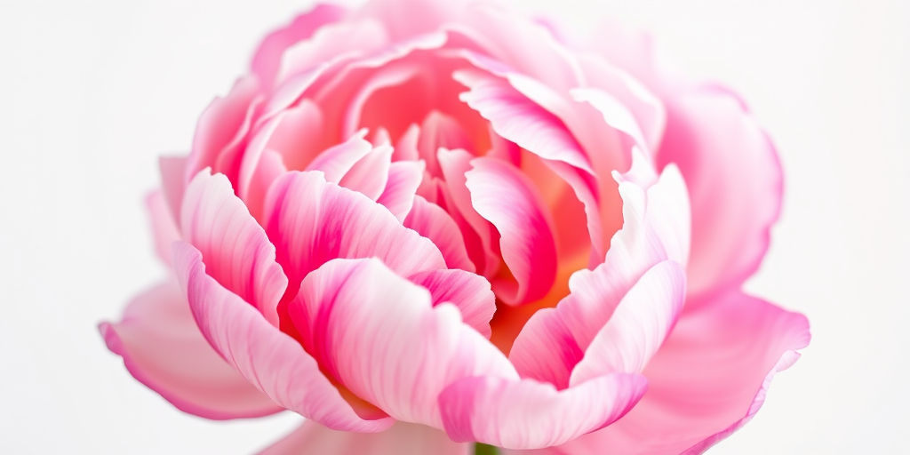 Create a hyper-realistic image of a peony flower with vibrant pink and white petals against a plain white background using a macro lens, aperture f/2.8, 100mm focal length, and a shallow depth of field for enhanced detail and softness.