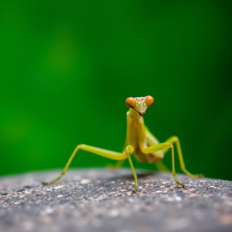 Close-up of a praying mantis on a textured surface, f-stop 2.8, shutter speed 1/200s, ISO 100, macro lens, natural light, shallow depth of field, vibrant green background, captured with a DSLR camera.