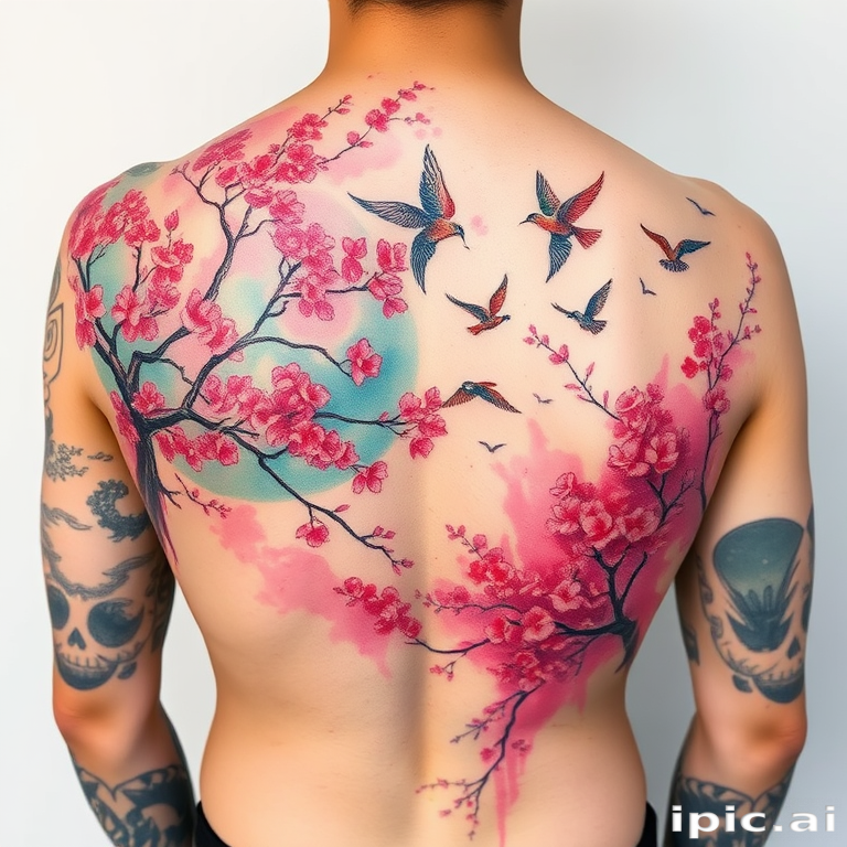 Vibrant watercolor tattoo spanning across the back, depicting a lush forest scene with blooming cherry blossoms and soaring birds, featuring soft pastel hues and delicate brushstrokes that create a dreamy ethereal effect
