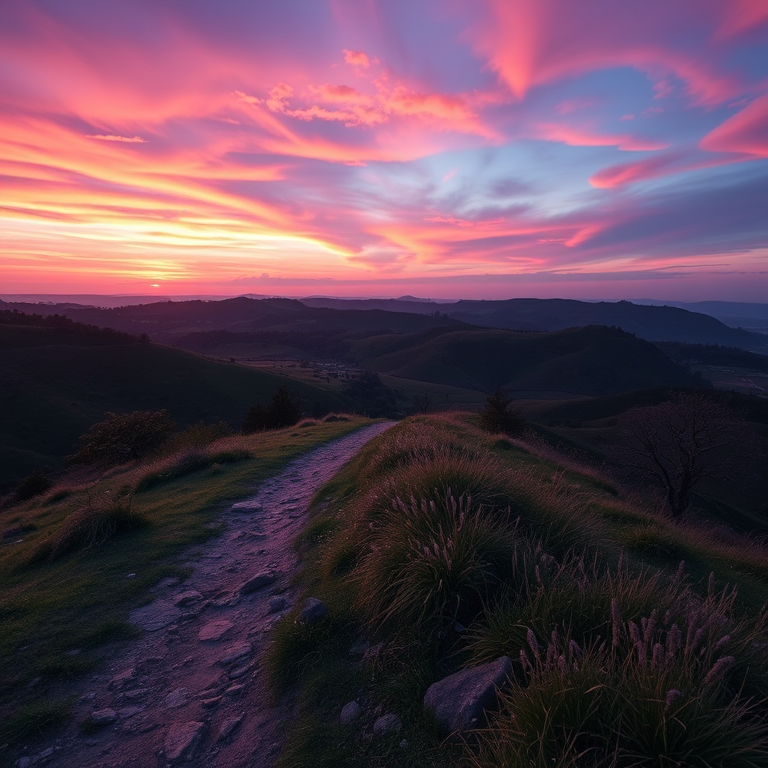Create a high-resolution image of a serene landscape at sunset with vibrant colors, using a Canon EOS R5, 50mm lens, aperture f/2.8, ISO 100, and a tripod for stability.