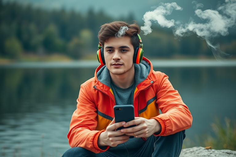 Regenerate the image of a young man sitting by a lake, wearing colorful headphones and a vibrant jacket, holding a phone and a vape pen, with smoke rising, shot with a DSLR camera at f/2.8, 1/200s, ISO 100, natural lighting, focus on the subject with a shallow depth of field for a soft background.