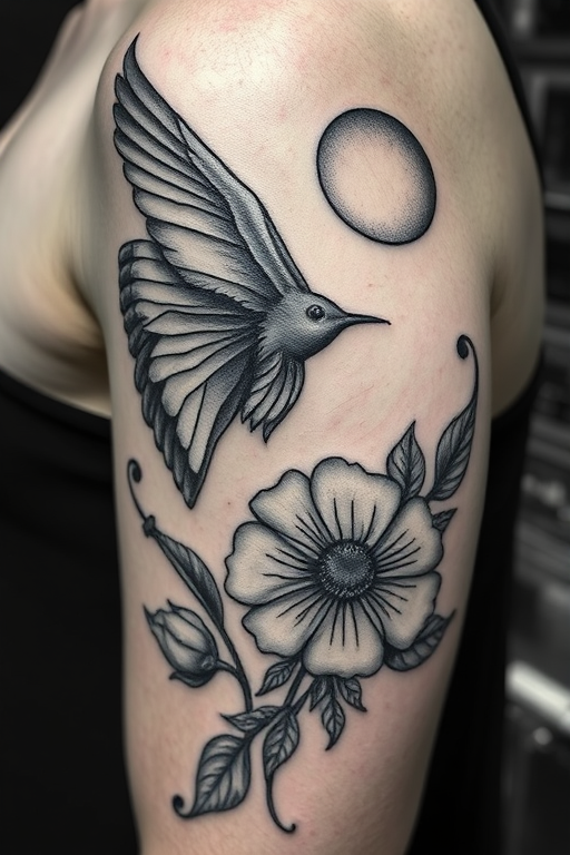 Etching-style tattoo named "Engraved Memories" featuring fine crosshatching and stippling techniques to create highly detailed black and white imagery with a vintage aesthetic