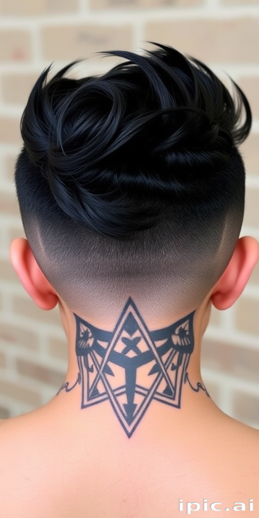 Jet black pixie undercut called "Raven's Wing" featuring intricate geometric patterns shaved into the sides and a sleek, swept-back top
