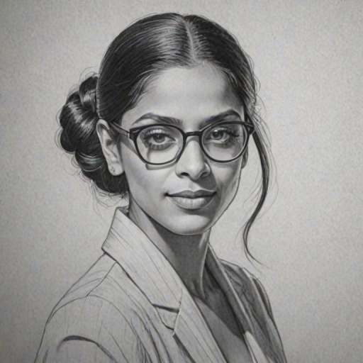 Dazzling Lilly Singh, pencil sketch, portrait of Graceful woman 1920s in glasses, hair style beatnik, outline, clear lines, fine lines, 8k