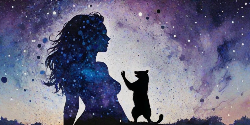 Captivating conceptual render alcohol ink art, double exposure, the paint strokes artfully merge combining a woman's full silhouette with a Curious raccoon's silhouette. The figures are composed of a series of colored dots, lines & spots that evoke the image of a cosmic galaxy, colors are deep shades of blue purple & black with flashes of white & silver representing distant stars. The woman's silhouette is formed within the lion's silhouette from constellations of scattered stars, surreal