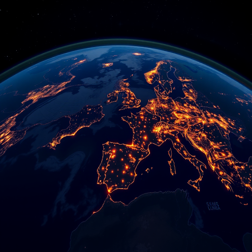 A high-resolution view of Earth from space at night showcasing Europe with illuminated cities and vibrant lights along coastlines, captured with a Canon EOS 5D Mark IV, 24mm lens, f/2.8 aperture, ISO 400, 15-second exposure, in a panoramic style to highlight the glowing landscapes and starry background.