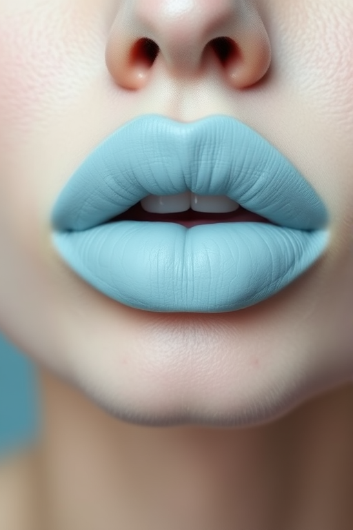 Matte pastel blue lips with a powdery finish, titled "Cloud Nine," exhibit a soft, dreamy color and velvety texture for an avant-garde look