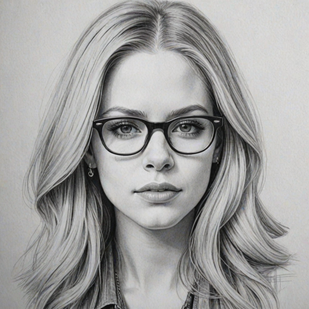 Exquisite Avril Lavigne, pencil sketch, portrait of Enchanting woman 1939s in glasses, hair style beatnik, outline, clear lines, fine lines, 8k