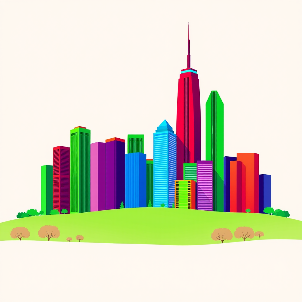 Create a vibrant city skyline illustration featuring tall, colorful buildings in red, green, blue, and purple against a simple green landscape, using a digital art style with high resolution, 300 DPI, and a focus on sharp edges and bright colors.