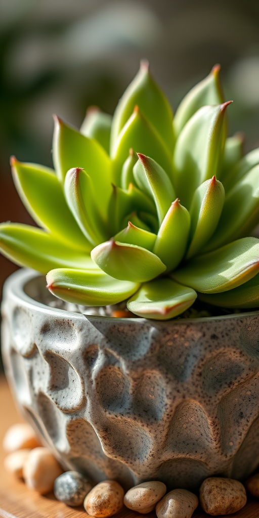 Close-up of a succulent plant in a beautifully textured pot, soft light highlighting the vibrant green leaves, with a few pebbles scattered around the base for decoration.
