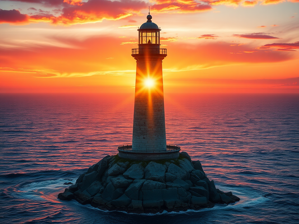 Generate an image of a tall lighthouse perched on a rocky outcrop surrounded by calm ocean waters during a breathtaking sunset. The lighthouse stands sturdy and weathered, its stone surface illuminated by the warm golden light of the setting sun. The sun's rays pass directly through the glass lantern room at the top of the lighthouse, casting a brilliant light across the scene. The sky is painted with vibrant shades of orange, pink, and purple, reflecting off the tranquil sea. The surrounding water shimmers with the same warm hues, creating a serene and majestic atmosphere.