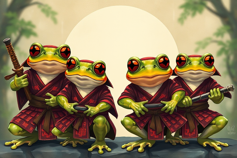 Create a high-resolution illustration of four anthropomorphic frogs dressed as samurais, showcasing different poses and weapons, with vibrant colors and detailed textures, shot with a Canon EOS R5, 50mm f/1.2 lens, f/8 aperture, and natural lighting for enhanced clarity and depth.