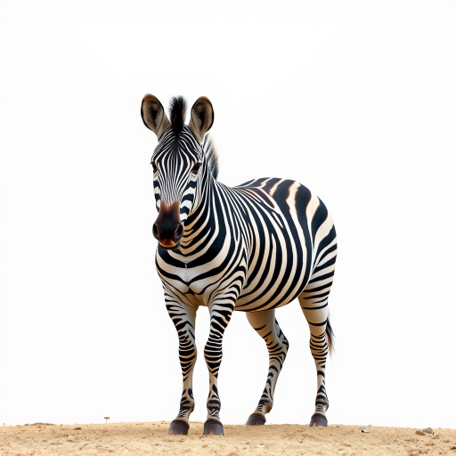 Create a high-resolution image of a zebra standing on a plain background, using a DSLR camera with an 85mm lens, aperture set to f/2.8 for a shallow depth of field, ISO 100 for optimal clarity, and a natural lighting setup to enhance detail in the stripes.