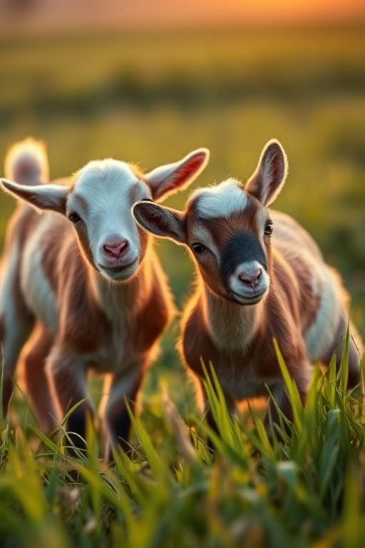 Capture a close-up of two playful baby goats in a lush green field during golden hour, with a shallow depth of field (f/2.8), ISO 200, and a focal length of 70mm, using a DSLR camera with a natural light setting to enhance the softness of their fur and the vividness of the grass.