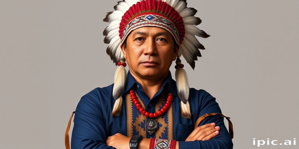 Create a dignified portrait of a Native American man dressed in traditional attire. He wears a beautifully crafted headdress adorned with white feathers and red beads, along with a beaded headband featuring intricate patterns. His clothing includes a deep blue, patterned shirt and a traditional chest piece with detailed beadwork. His arms are crossed, displaying leather armbands decorated with feathers. The background is simple and neutral, emphasizing his proud and stoic expression. The overall image captures the rich cultural heritage and strength of his persona.