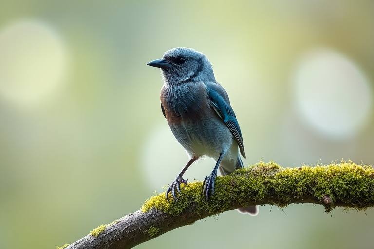 photograph a Eurasian Jay perched on a moss-covered branch with a soft bokeh background, settings: aperture f/4, shutter speed 1/200s, ISO 400, DSLR camera, 200mm lens, natural light, focus on the subject with a shallow depth of field