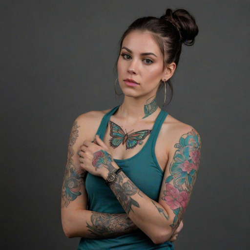 A portrait of a young woman with long dark hair tied up in a bun, with pink streaks, and intricate shaved designs. She is wearing a teal tank top and has a large butterfly tattoo across her chest and multiple colorful floral tattoos on her arms. The woman is looking off to the side, slightly tilted, her right arm is crossed over her chest, and her left hand is resting on her upper arm. The lighting is soft and warm, highlighting the details of the tattoos. The background is a simple, dark gray, providing a neutral backdrop for the subject. The photo has a natural, relaxed feel and a slightly artistic, moody atmosphere.  She is wearing several silver rings and bracelets on her arms, and a pair of long silver dangle earrings with red accents.  Her face is slightly shadowed, giving a soft and alluring feel.  The composition is centered on the woman, who is positioned against a dark background, the emphasis is on her tattoos and the subtle expression on her face.
