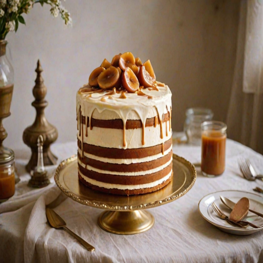 Create an image of a tall, layered cake displayed on a vintage gold cake stand. The cake should have a smooth, creamy frosting with a glossy caramel drizzle on top. Surround the cake with a rustic white tablecloth and a glass jar of caramel sauce in the background. Include some vintage utensils nearby for a charming touch.
