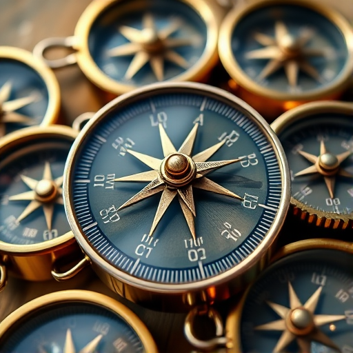 Create a high-resolution macro photograph of multiple compasses arranged closely together, using a DSLR camera with a 50mm lens, aperture set to f/2.8, ISO 100, shutter speed 1/200 sec, with natural light for enhanced color saturation and depth.