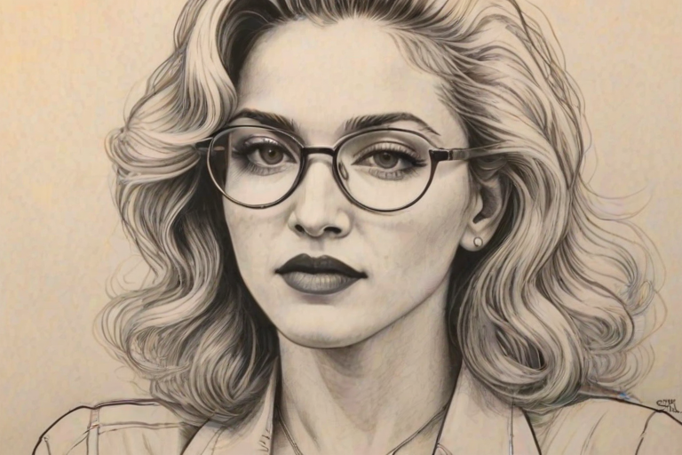 Delightful Madonna, pencil sketch, portrait of Attractive woman 1979s in glasses, hair style beatnik, outline, clear lines, fine lines, 8k