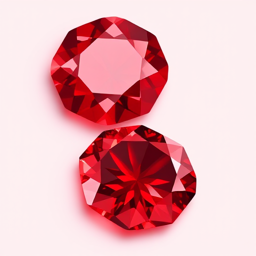 high-resolution illustration of two red gemstones, top view and bottom view, reflective surfaces with sharp facets, rich colors, soft lighting, DSLR camera, f/1.8 aperture, 50mm lens, ISO 100, studio setup, high dynamic range