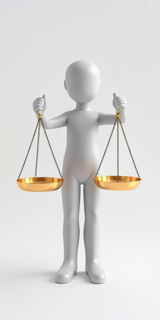 Create a 3D rendering of a humanoid figure holding balanced scales, set against a clean white background, using a Canon EOS 5D Mark IV camera, with a focal length of 50mm, aperture set to f/8, ISO 100, and a soft diffused lighting setup for even illumination.