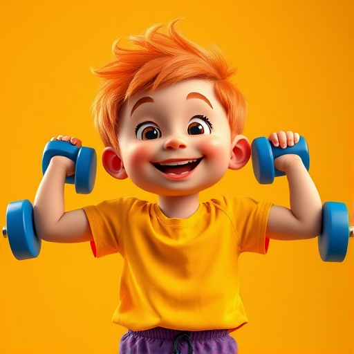 Create a high-resolution image of a cartoonish boy with bright orange hair, smiling while lifting blue dumbbells above his head, wearing a yellow shirt and purple shorts, captured with a Canon EOS R5 at 50mm, f/1.8 aperture, ISO 100, in a studio lighting setup for vibrant colors and sharp details.