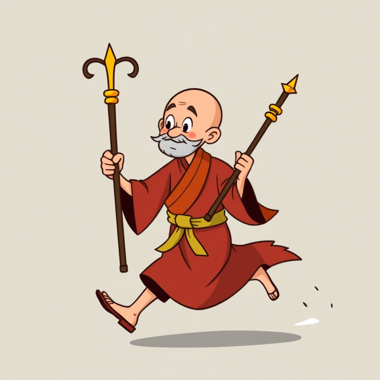 Generate an image of a stylized monk running with a staff, featuring a simple and colorful design, captured with a 50mm lens, aperture f/2.8, ISO 100, in a vibrant cartoon style, using a digital camera.