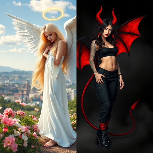 Create an image with a split composition, half representing an angel and half a demon. The angel is on the left, depicted with long, flowing blonde hair, a golden halo above her head, and wearing a white robe. She has large, feathered wings, and she's barefoot, standing amidst blooming flowers with a cityscape in the background under a clear blue sky with a few clouds. The demon is on the right, featuring long, wavy black and red hair, red horns on her head, and wearing a black crop top and black cargo pants. She has large, bat-like wings with red and black hues, and is wearing black combat boots. Her skin is adorned with tattoos. The background on the demon's side is dark and smoky, with hints of flames and a red tail curling behind her. Both figures stand back-to-back, creating a stark contrast between light and dark, good and evil.