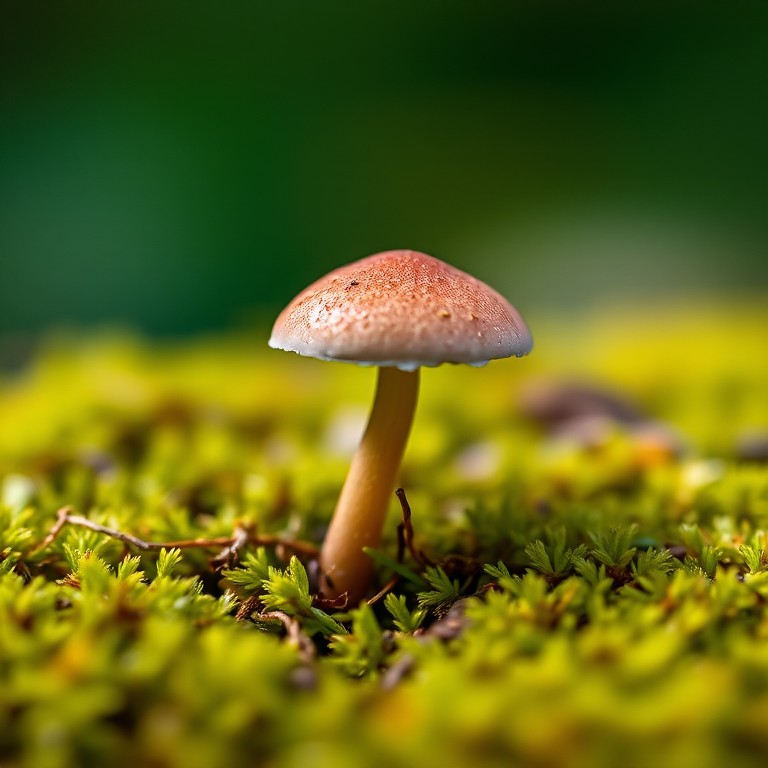 Close-up of a small mushroom growing from moss, softly blurred background, natural light, f-stop 2.8, ISO 100, shutter speed 1/200, macro lens, DSLR camera, shallow depth of field.