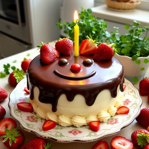 A cute and cheerful cake with a smiling face made of cream and chocolate, topped with fresh strawberries and a single candle, sitting on a decorative plate, surrounded by sliced strawberries and green plants in a kitchen setting.