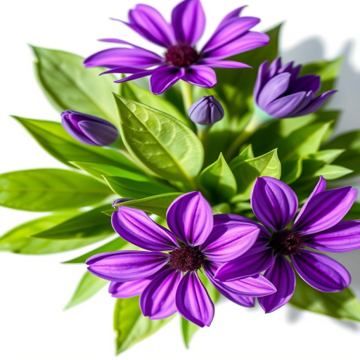 Generate a high-resolution image of a bouquet of stylized purple flowers with green leaves against a white background, captured with a DSLR camera, aperture f/2.8, ISO 100, 50mm lens, natural light for soft shadows and vibrant colors.