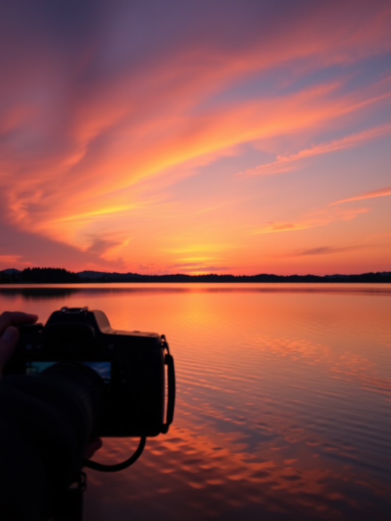Capture a vibrant sunset over a calm lake with reflections on the water, using a DSLR camera with a 50mm lens, aperture f/1.8, shutter speed 1/125s, ISO 200, in landscape orientation, shot at golden hour.