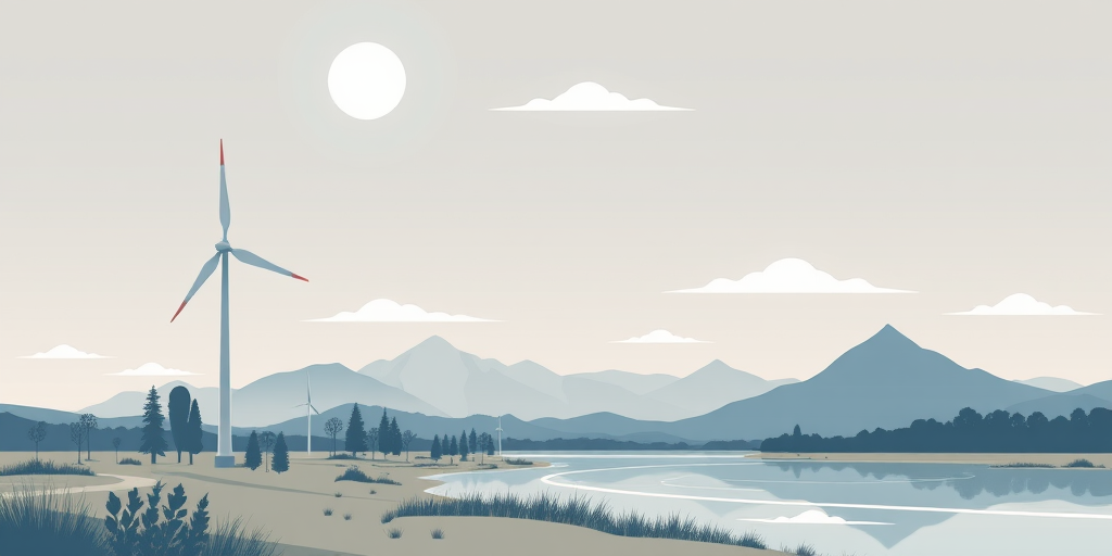Generate a minimalist landscape illustration featuring a wind turbine near a river, with stylized trees and mountains under a soft sun with clouds, using a high-resolution digital camera with a 50mm lens at f/8, 1/100s, ISO 100, captured from an eye-level angle to enhance image clarity and detail.