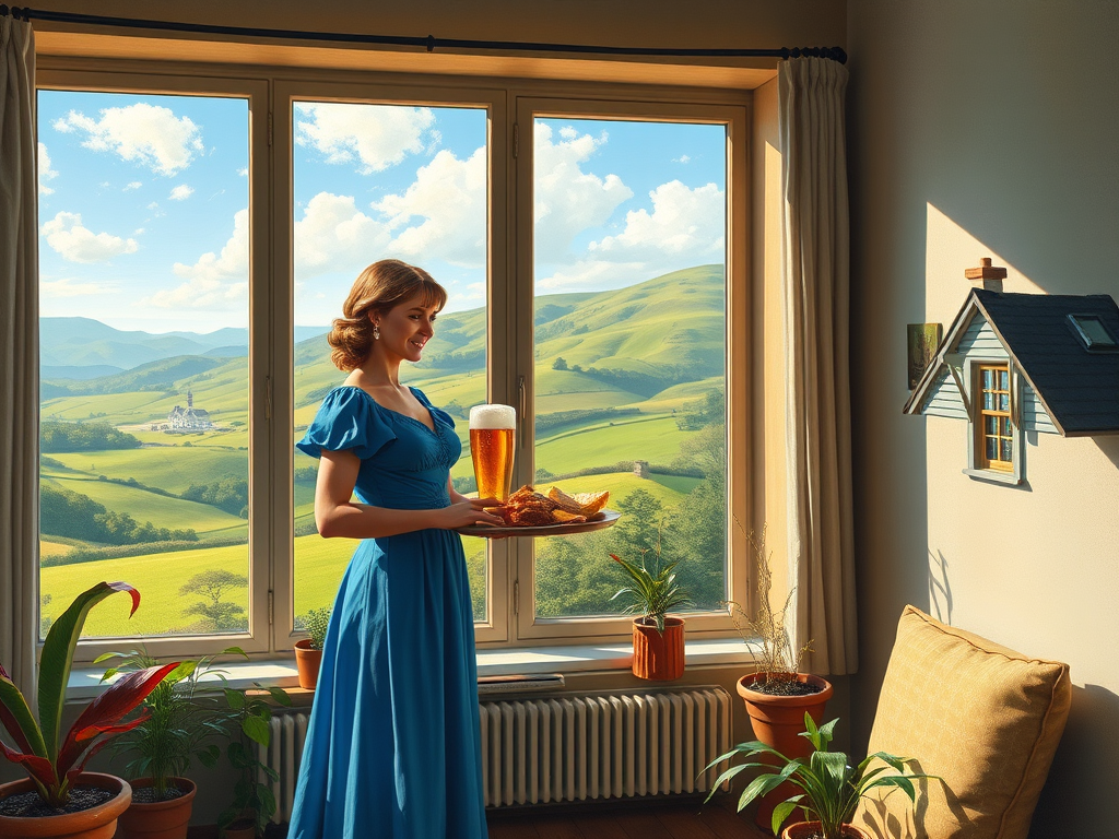 In "A Glass of Beer on the Highland," a serene scene is depicted in a sunlit room where a woman in a vibrant blue dress stands by a large window. She holds a tray with a hearty meal and a frothy glass of beer, embodying a moment of relaxation. Outside, the breathtaking highland landscape features rolling green hills and a charming traditional house, all bathed in warm afternoon light. The interior is adorned with potted plants, creating a harmonious blend of comfort and nature. The painting beautifully captures the tranquility and joy found in simple pleasures amidst stunning scenery