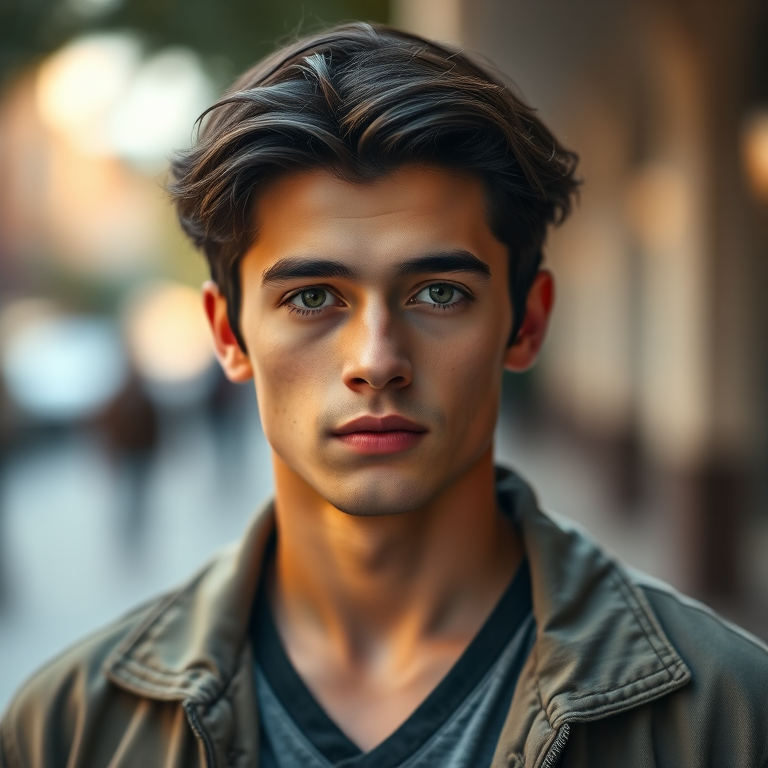 portrait of a young man with dark hair and expressive eyes, wearing a casual jacket over a v-neck shirt, soft focus background, natural lighting, shot with a 50mm lens at f/1.8, ISO 100, aperture priority mode, in a cinematic style, high resolution
