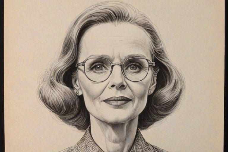 Dazzling Jessica Tandy, pencil sketch, portrait of Bewitching woman 1970s in glasses, hair style beatnik, outline, clear lines, fine lines, 8k