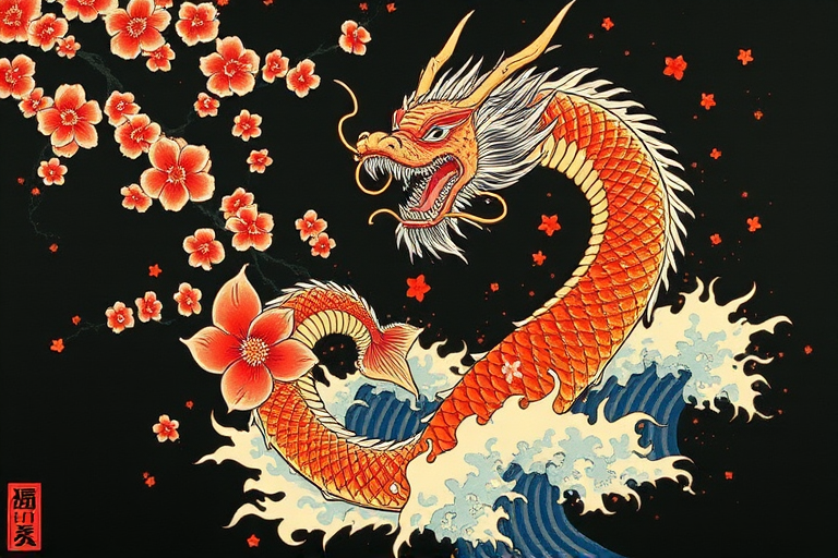 Japanese-inspired irezumi full body suit featuring a dynamic dragon entwined with cherry blossoms, koi fish, and crashing waves in traditional bold colors