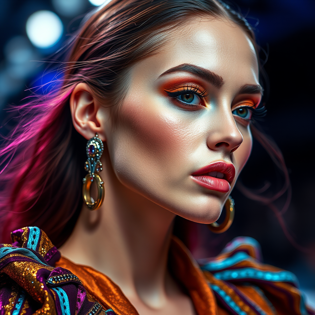 Runway capture, a beautiful model, vibrant colors, metallic textures, high fashion editorial , a 100mm macro lens to get extreme close-ups of intricate details like fabric stitching, accessories, or makeup artistry