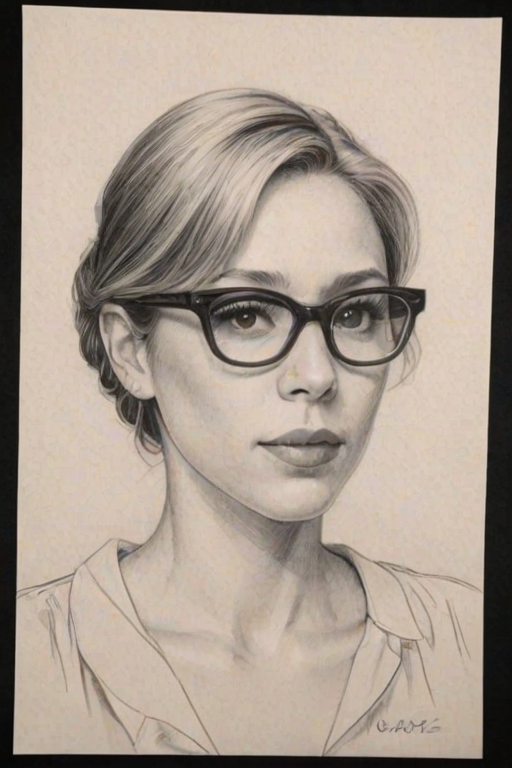Magnificent Liza Weil, pencil sketch, portrait of Sublime woman 1955s in glasses, hair style beatnik, outline, clear lines, fine lines, 8k