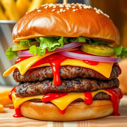 High-resolution, close-up image of a gourmet double cheeseburger. The burger features a glossy, sesame-seed-topped brioche bun. Inside, there are two thick, juicy beef patties, each topped with melted cheddar cheese. The burger is garnished with fresh lettuce, tomato slices, diced onions, and pickles. A generous amount of ketchup and a creamy, orange-colored sauce is dripping down the sides, adding to the mouth-watering appeal. In the background, there are blurred elements including a side of golden French fries and a hint of a beverage, enhancing the overall presentation of a delicious meal.