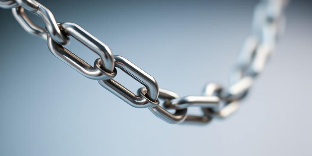 Create a high-resolution image of metallic chains interconnected with a smooth gradient background, utilize a DSLR camera with a 50mm lens, f/1.8 aperture, ISO 100, focus on a macro view to capture texture and reflections.