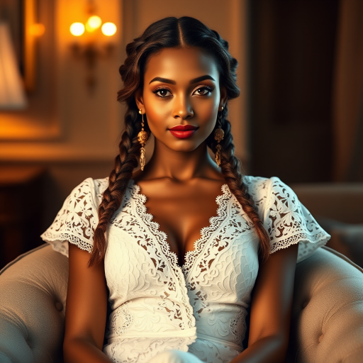 Create a portrait of a refined and elegant woman seated in a sophisticated setting. She has long, wavy hair styled in two thick braids that are pulled over her shoulders. She wears a white, lace gown with intricate patterns, featuring a deep V-neckline and short sleeves. The dress exudes a vintage charm with its delicate lacework. She is adorned with ornate, dangling earrings that add a touch of glamour to her appearance. The background is softly lit, with warm, ambient lighting that creates a cozy and inviting atmosphere. Her expression is poised and serene, capturing a sense of grace and elegance.